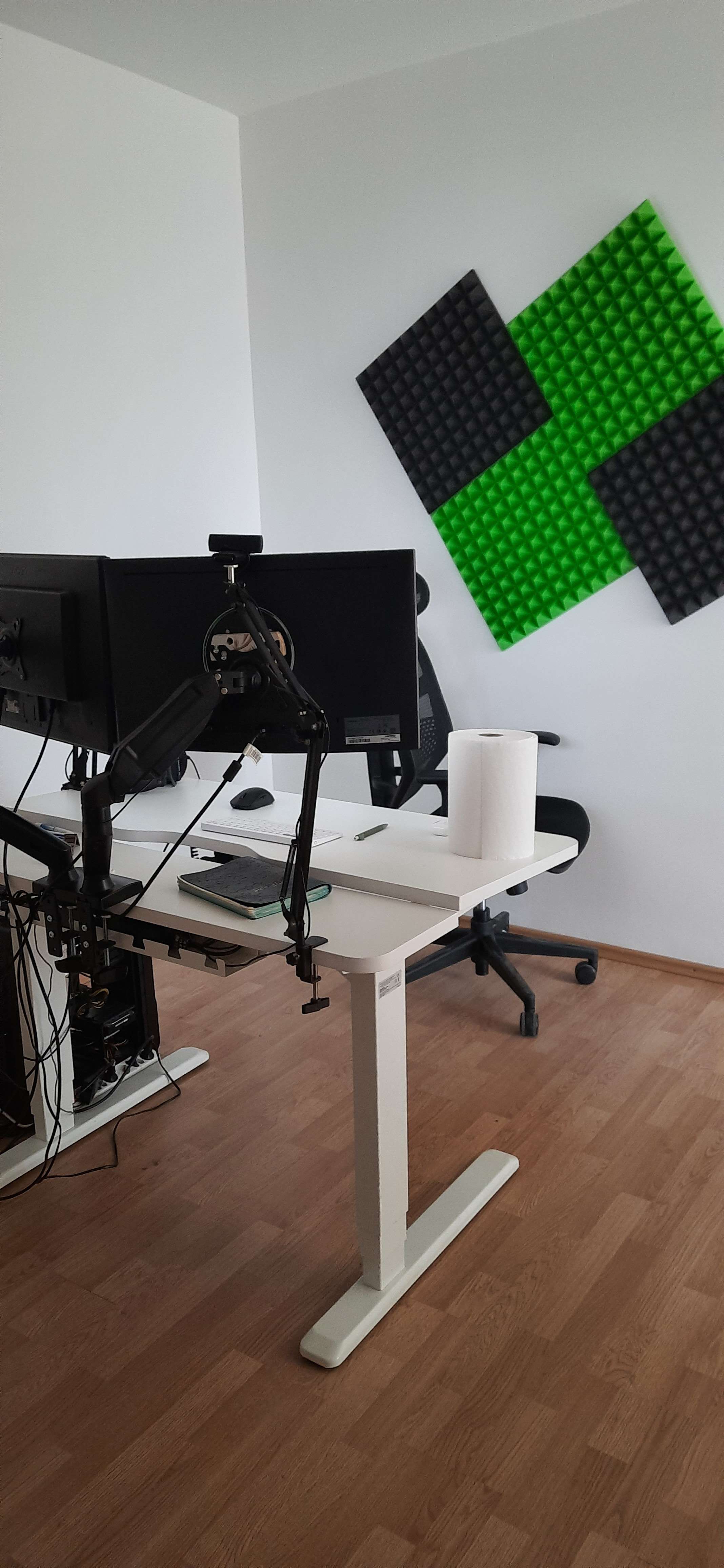 First office - dual monitor desk setup with green acoustic panels