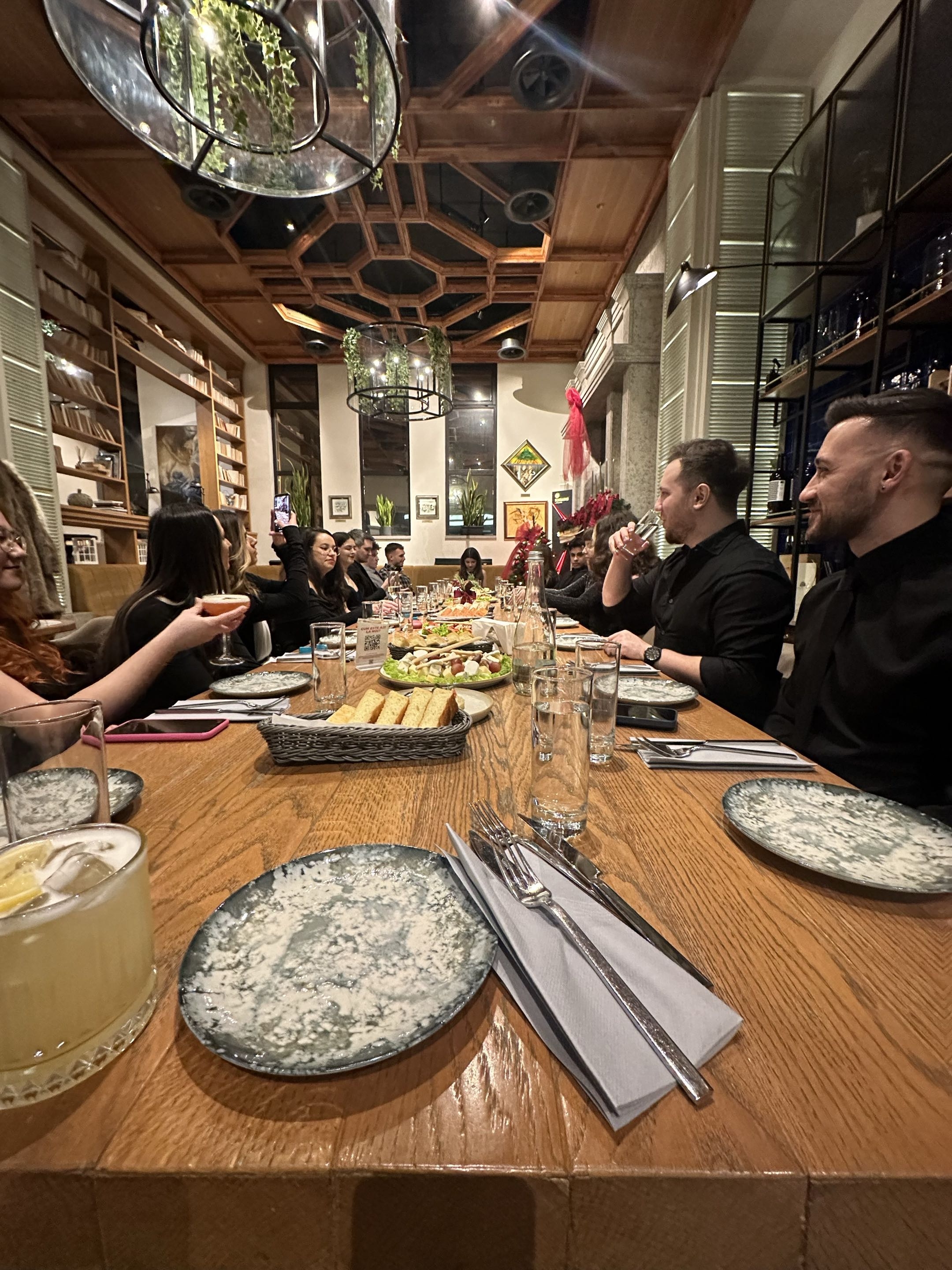 Team dinner at a long restaurant table